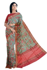 Red and Green Moonga Silk Printed Saree - MIRASILKS Red and Green Moonga Silk Printed Saree