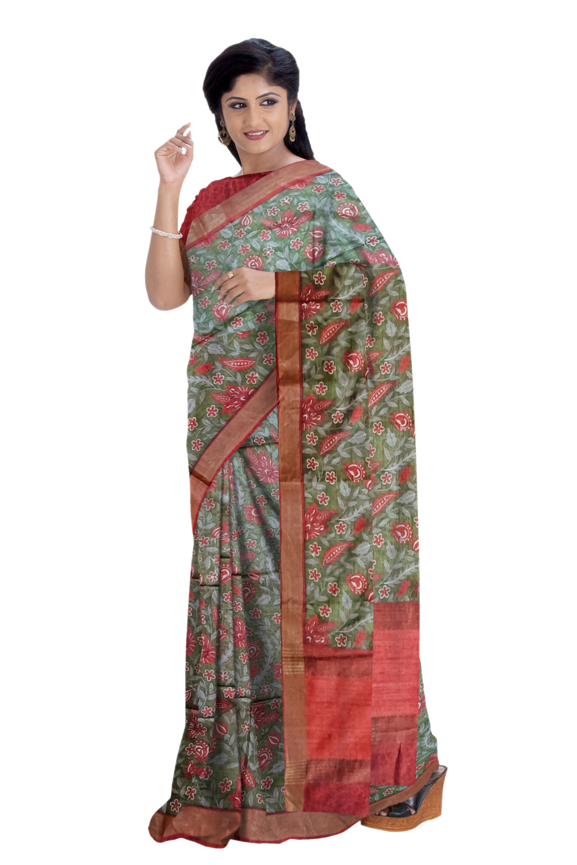 Red and Green Moonga Silk Printed Saree - MIRASILKS Red and Green Moonga Silk Printed Saree