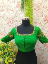 Parrot Green with net behind and golden and pink Embroidery blouse