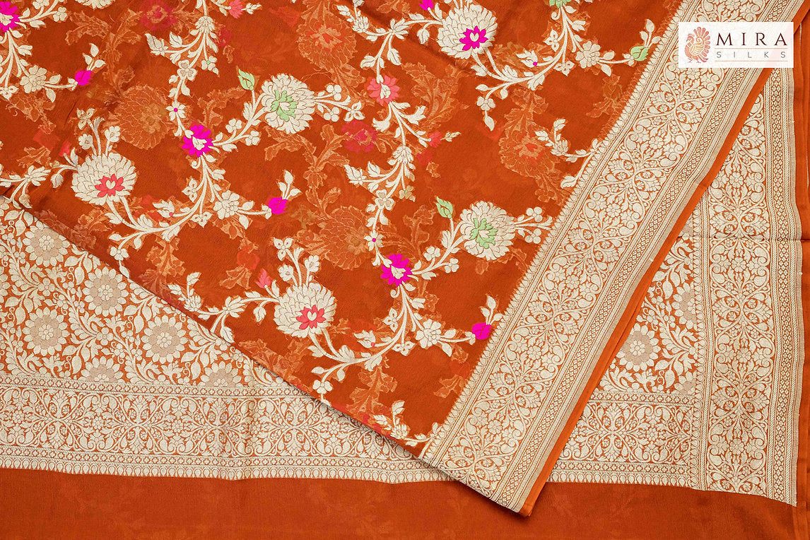 Rusty orange Banaras jaal georgette saree - MIRASILKS Rusty orange Banaras jaal georgette saree