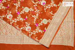 Rusty orange Banaras jaal georgette saree - MIRASILKS Rusty orange Banaras jaal georgette saree