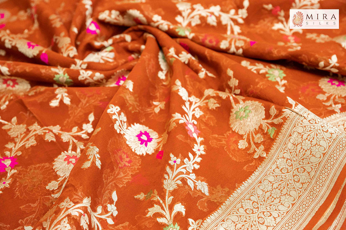 Rusty orange Banaras jaal georgette saree - MIRASILKS Rusty orange Banaras jaal georgette saree