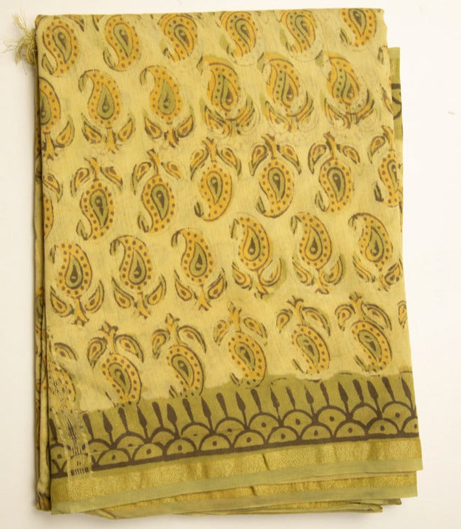 Pale Yellow Chanderi Saree With Stitched Blouse - MIRASILKS Pale Yellow Chanderi Saree With Stitched Blouse