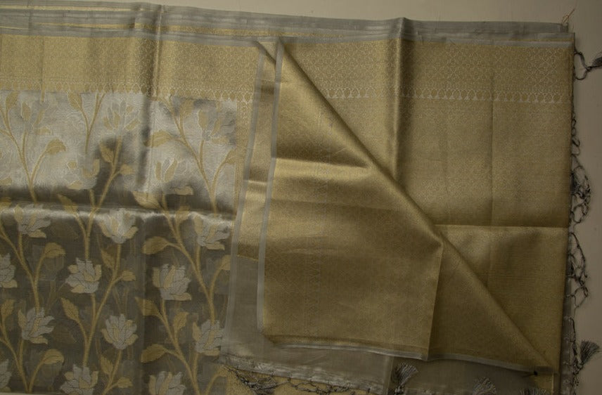 Pale Silver Tissue Gold Saree With Champagne Gold Pallu - MIRASILKS Pale Silver Tissue Gold Saree With Champagne Gold Pallu