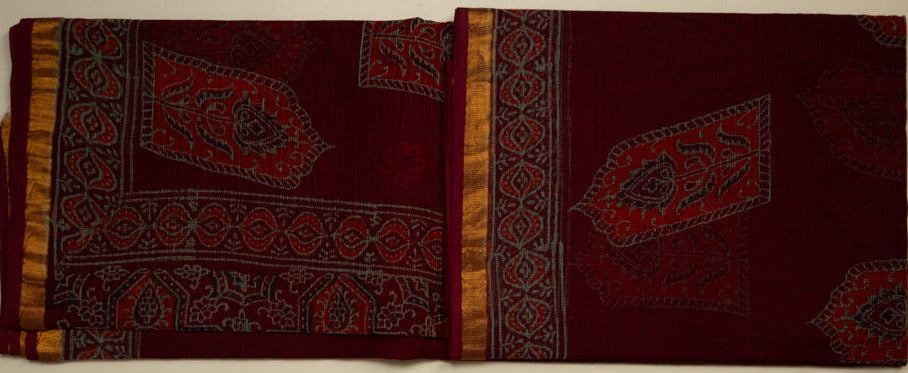 Maroon Chanderi Saree With Stitched Blouse - MIRASILKS Maroon Chanderi Saree With Stitched Blouse
