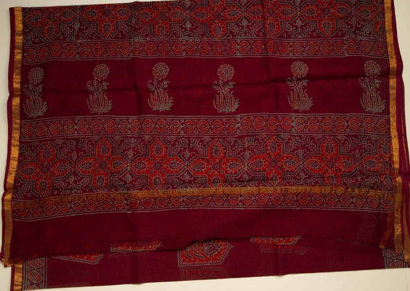Maroon Chanderi Saree With Stitched Blouse - MIRASILKS Maroon Chanderi Saree With Stitched Blouse