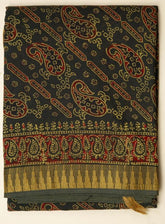 Dark Green Chanderi Saree With Temple Print and Golden Border - MIRASILKS Dark Green Chanderi Saree With Temple Print and Golden Border