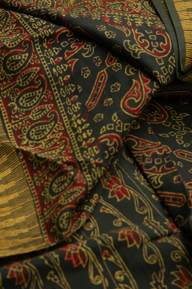 Dark Green Chanderi Saree With Temple Print and Golden Border - MIRASILKS Dark Green Chanderi Saree With Temple Print and Golden Border