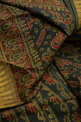 Dark Green Chanderi Saree With Temple Print and Golden Border - MIRASILKS Dark Green Chanderi Saree With Temple Print and Golden Border