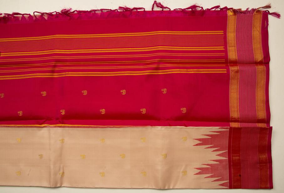 Beige Kanjivaram Saree with Red & Dark Green Border - MIRASILKS Beige Kanjivaram Saree with Red & Dark Green Border