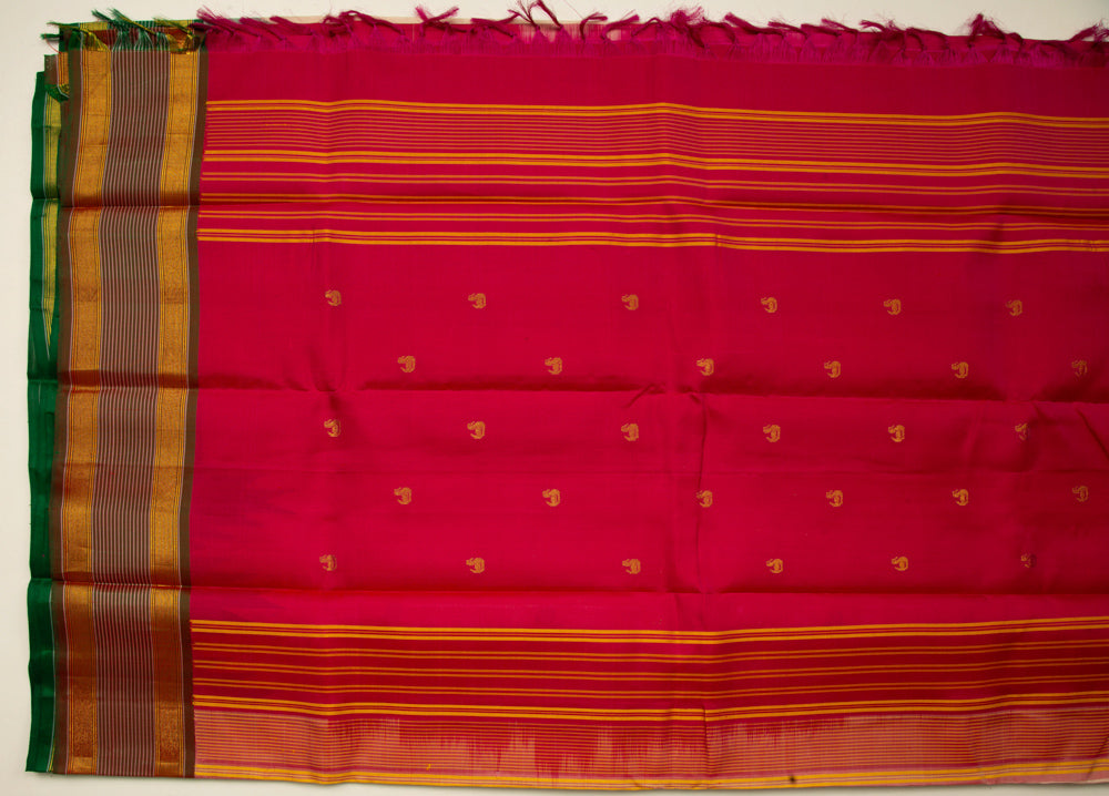 Beige Kanjivaram Saree with Red & Dark Green Border - MIRASILKS Beige Kanjivaram Saree with Red & Dark Green Border