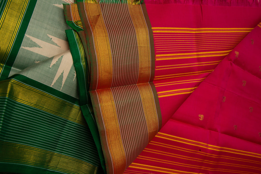 Beige Kanjivaram Saree with Red & Dark Green Border - MIRASILKS Beige Kanjivaram Saree with Red & Dark Green Border