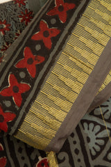 Cement Grey Chanderi Temple Print Saree With Golden Border - MIRASILKS Cement Grey Chanderi Temple Print Saree With Golden Border