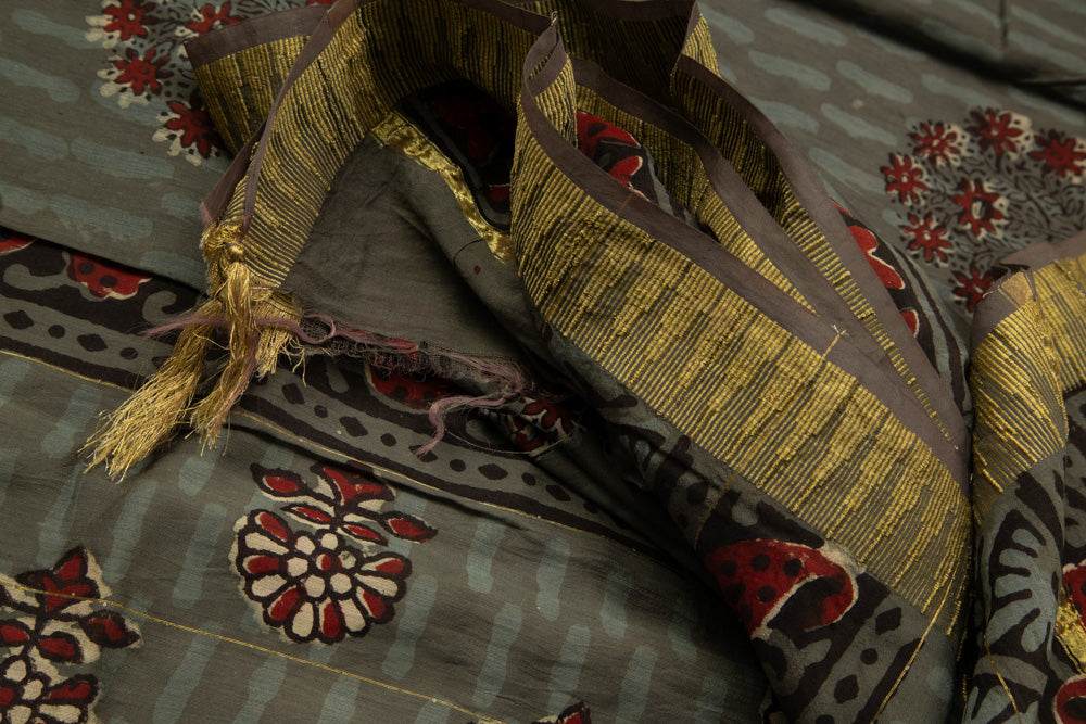 Cement Grey Chanderi Temple Print Saree With Golden Border - MIRASILKS Cement Grey Chanderi Temple Print Saree With Golden Border