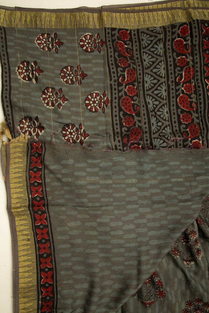 Cement Grey Chanderi Temple Print Saree With Golden Border - MIRASILKS Cement Grey Chanderi Temple Print Saree With Golden Border