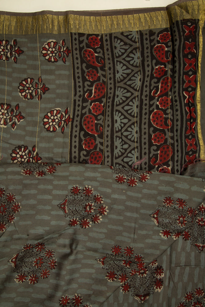 Cement Grey Chanderi Temple Print Saree With Golden Border - MIRASILKS Cement Grey Chanderi Temple Print Saree With Golden Border