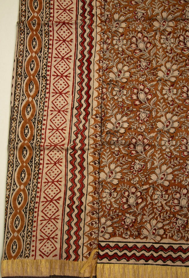 Dark Mustard Chanderi Saree With Temple Print and Golden Border - MIRASILKS Dark Mustard Chanderi Saree With Temple Print and Golden Border