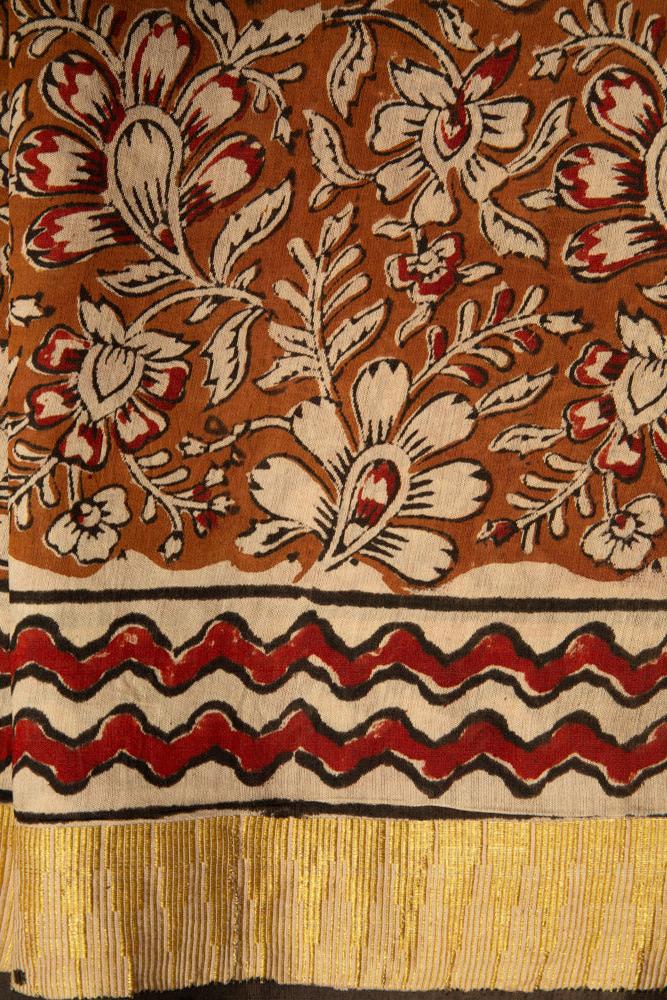 Dark Mustard Chanderi Saree With Temple Print and Golden Border - MIRASILKS Dark Mustard Chanderi Saree With Temple Print and Golden Border