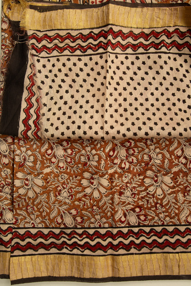 Dark Mustard Chanderi Saree With Temple Print and Golden Border - MIRASILKS Dark Mustard Chanderi Saree With Temple Print and Golden Border