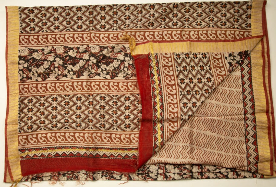 Black Chanderi Temple Print Saree With Gold Border - MIRASILKS Black Chanderi Temple Print Saree With Gold Border