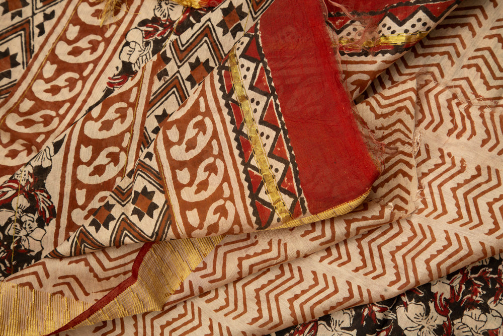 Black Chanderi Temple Print Saree With Gold Border - MIRASILKS Black Chanderi Temple Print Saree With Gold Border