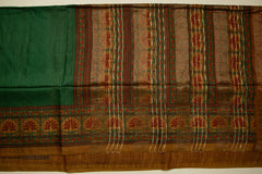 Bottle Green Semi Tussar Saree With Peacock and Floral Pattern - MIRASILKS Bottle Green Semi Tussar Saree With Peacock and Floral Pattern