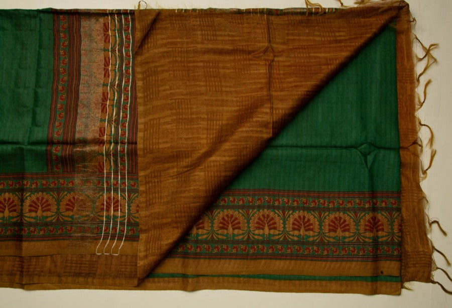 Bottle Green Semi Tussar Saree With Peacock and Floral Pattern - MIRASILKS Bottle Green Semi Tussar Saree With Peacock and Floral Pattern