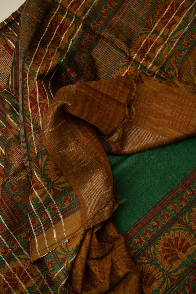 Bottle Green Semi Tussar Saree With Peacock and Floral Pattern - MIRASILKS Bottle Green Semi Tussar Saree With Peacock and Floral Pattern