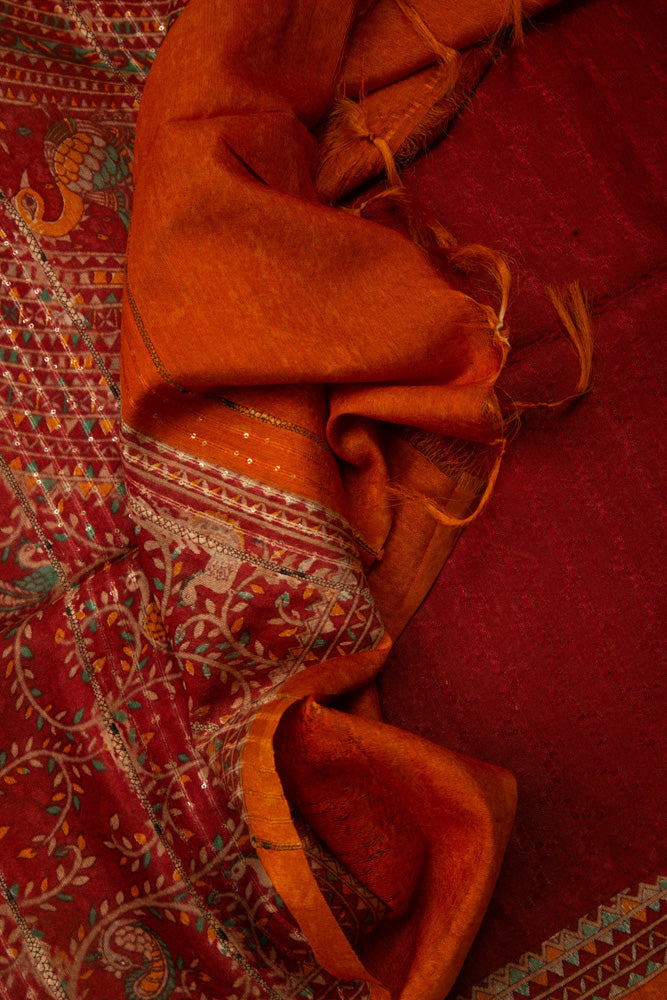 Rust Red Semi Tussar Saree With and Sequin pallu - MIRASILKS Rust Red Semi Tussar Saree With and Sequin pallu