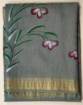 Stone Grey Chanderi Hand Print Saree With Stitched Blouse - MIRASILKS Stone Grey Chanderi Hand Print Saree With Stitched Blouse