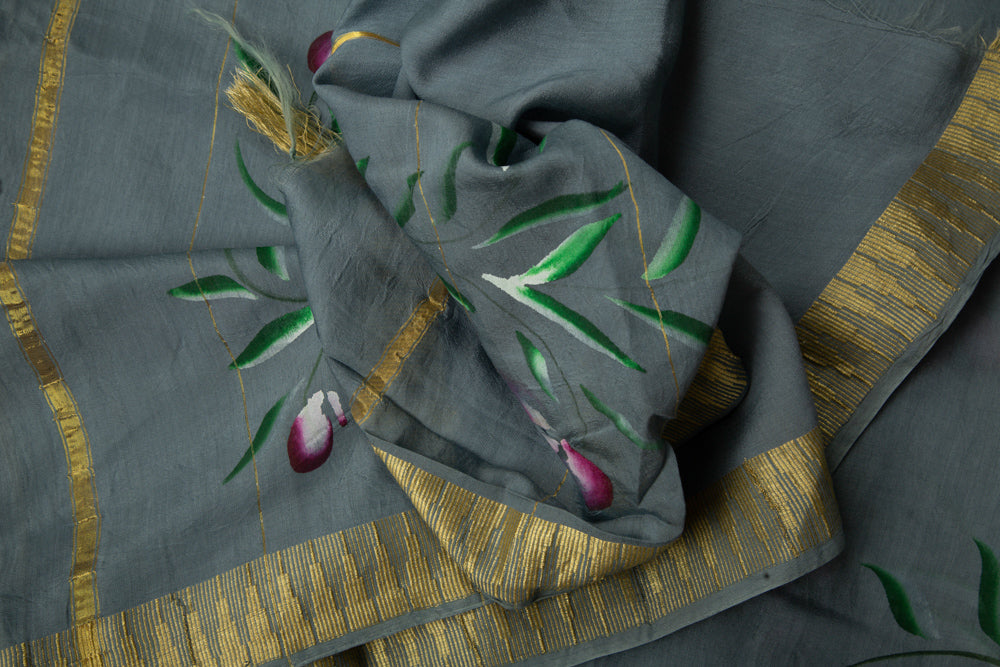 Stone Grey Chanderi Hand Print Saree With Stitched Blouse - MIRASILKS Stone Grey Chanderi Hand Print Saree With Stitched Blouse