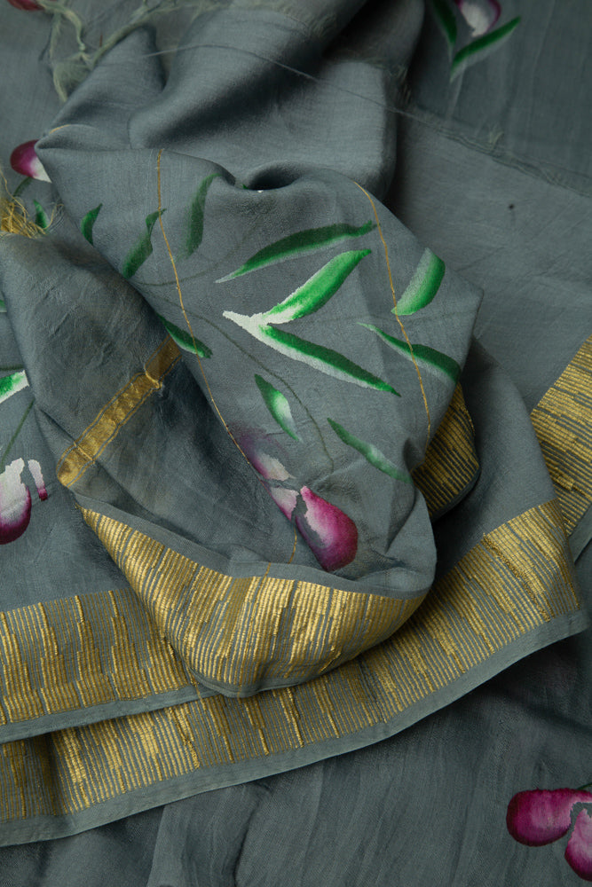 Stone Grey Chanderi Hand Print Saree With Stitched Blouse - MIRASILKS Stone Grey Chanderi Hand Print Saree With Stitched Blouse