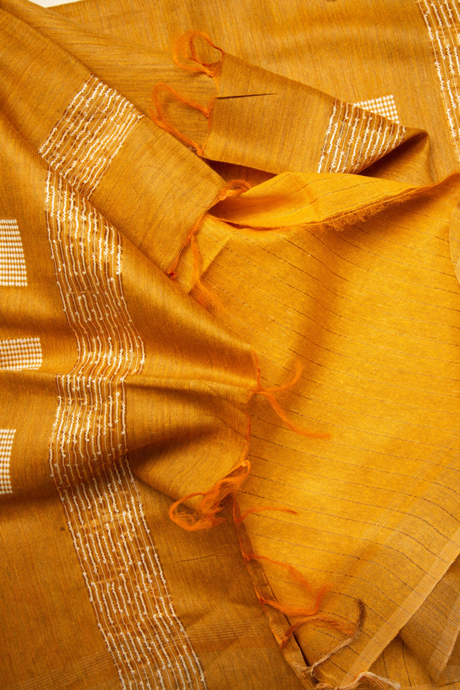 Mustard Yellow Chanderi Dupion Weaving Print Saree - MIRASILKS Mustard Yellow Chanderi Dupion Weaving Print Saree