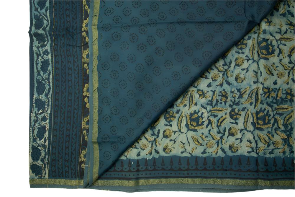 Green Floral Chanderi with organic print Saree and Stitched Blouse - MIRASILKS Green Floral Chanderi with organic print Saree and Stitched Blouse