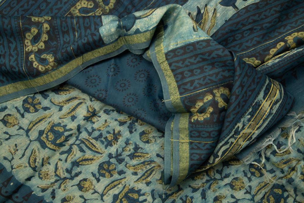 Green Floral Chanderi with organic print Saree and Stitched Blouse - MIRASILKS Green Floral Chanderi with organic print Saree and Stitched Blouse