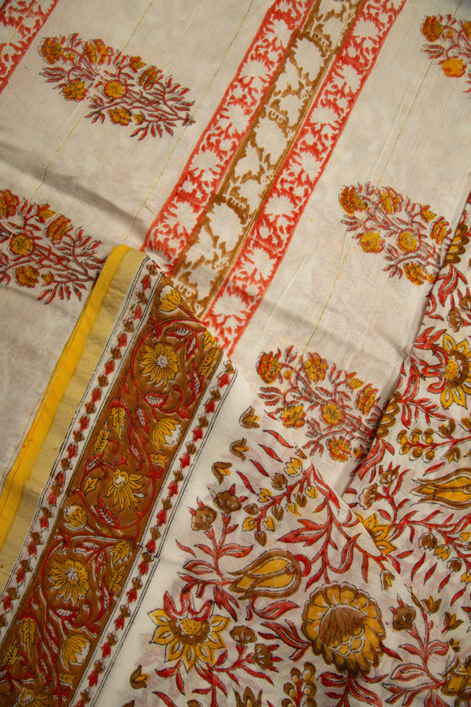 White Chanderi Vanspathi Saree with Orange Floral Print - MIRASILKS White Chanderi Vanspathi Saree with Orange Floral Print