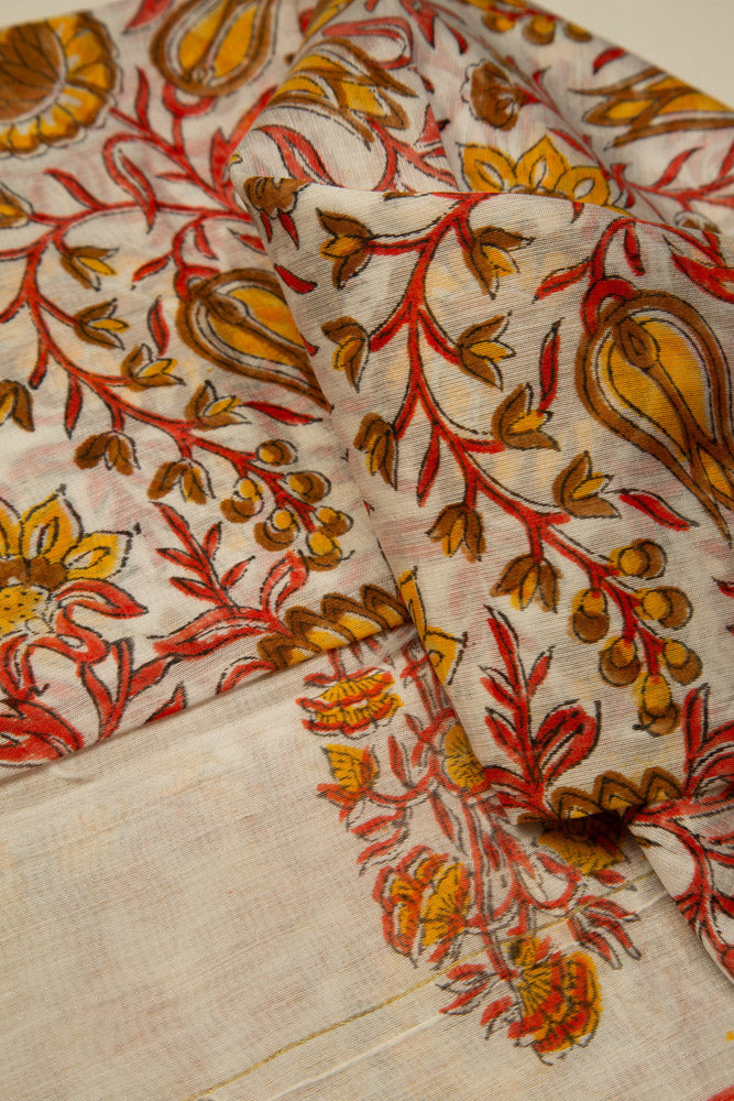 White Chanderi Vanspathi Saree with Orange Floral Print - MIRASILKS White Chanderi Vanspathi Saree with Orange Floral Print