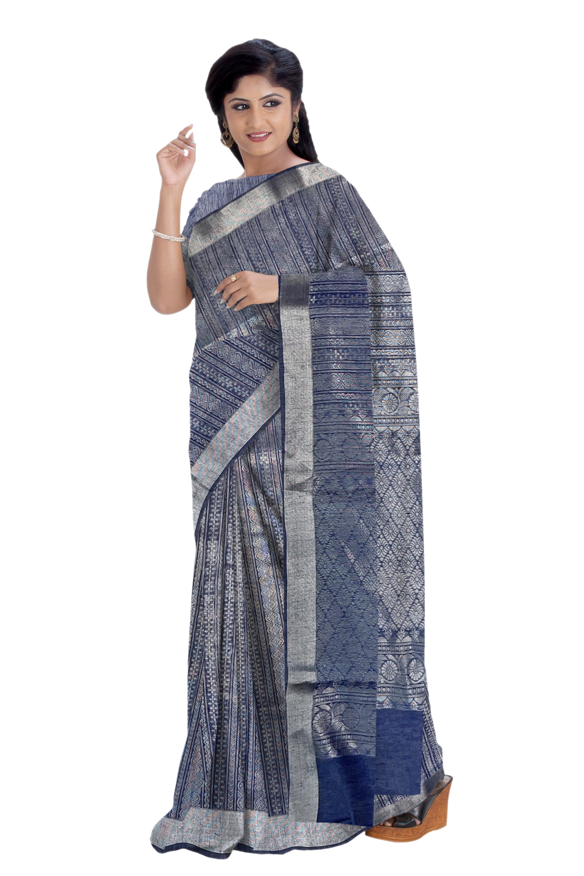 Jeans Blue silk cotton tissue saree - MIRASILKS Jeans Blue silk cotton tissue saree