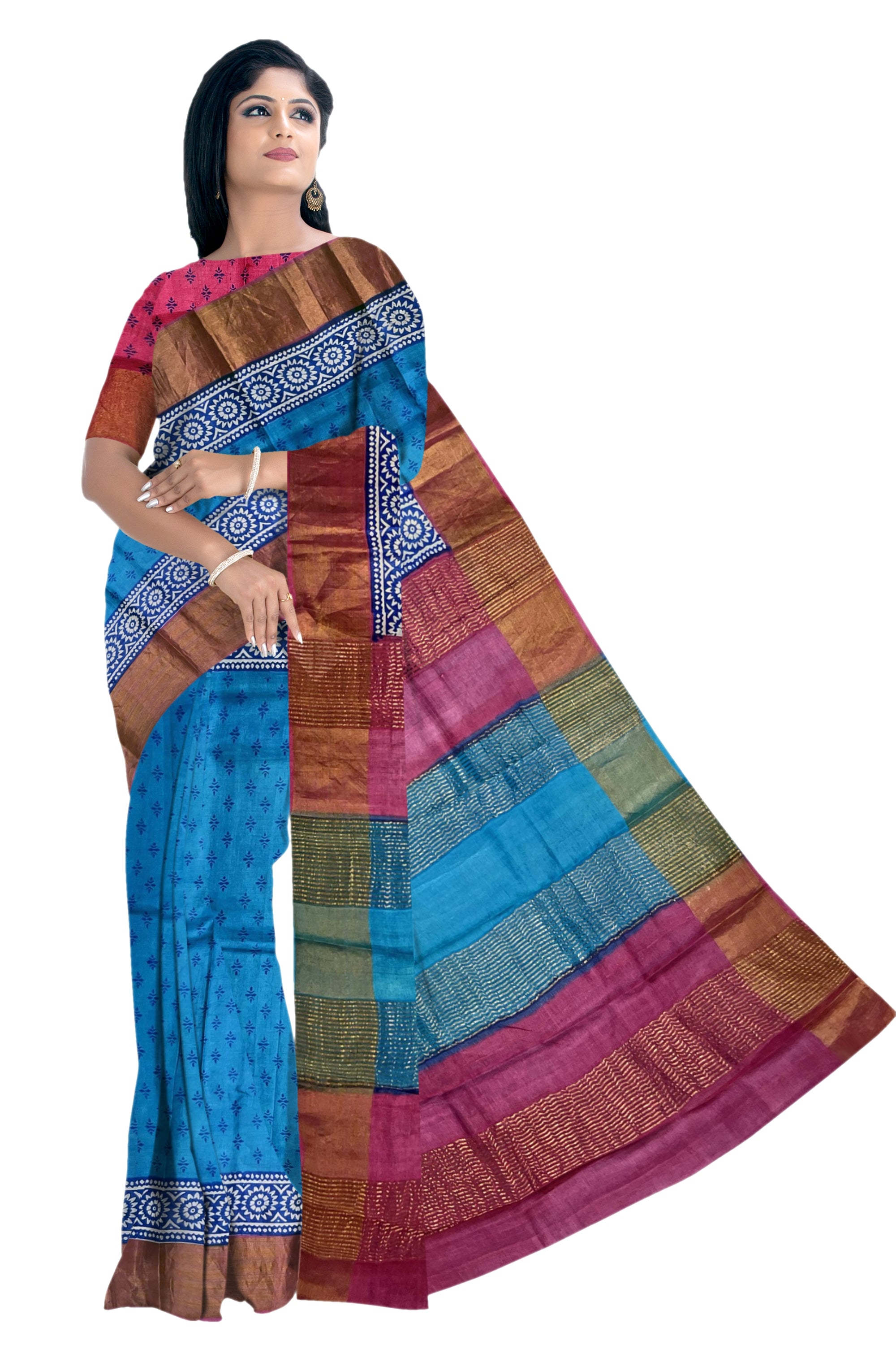 Blue Printed Bengal Tussar Saree - MIRASILKS Blue Printed Bengal Tussar Saree