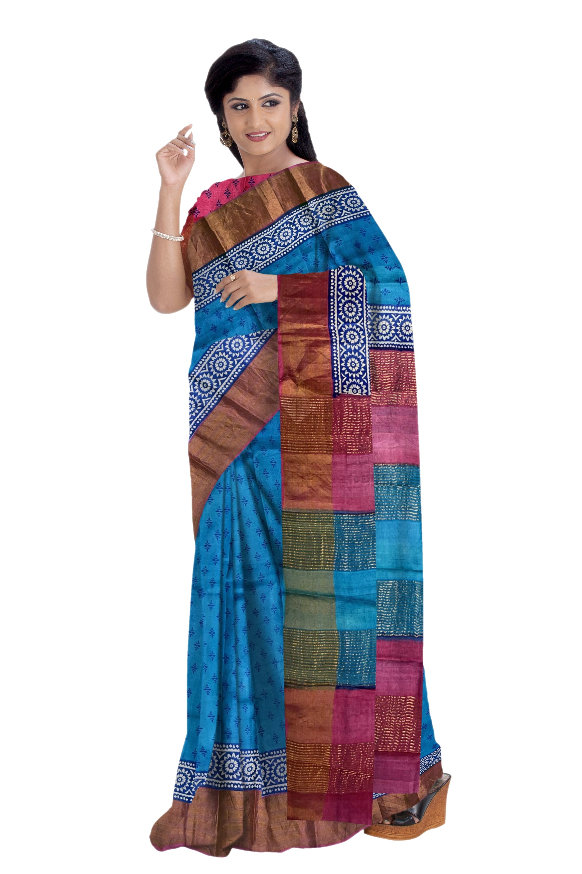 Blue Printed Bengal Tussar Saree - MIRASILKS Blue Printed Bengal Tussar Saree