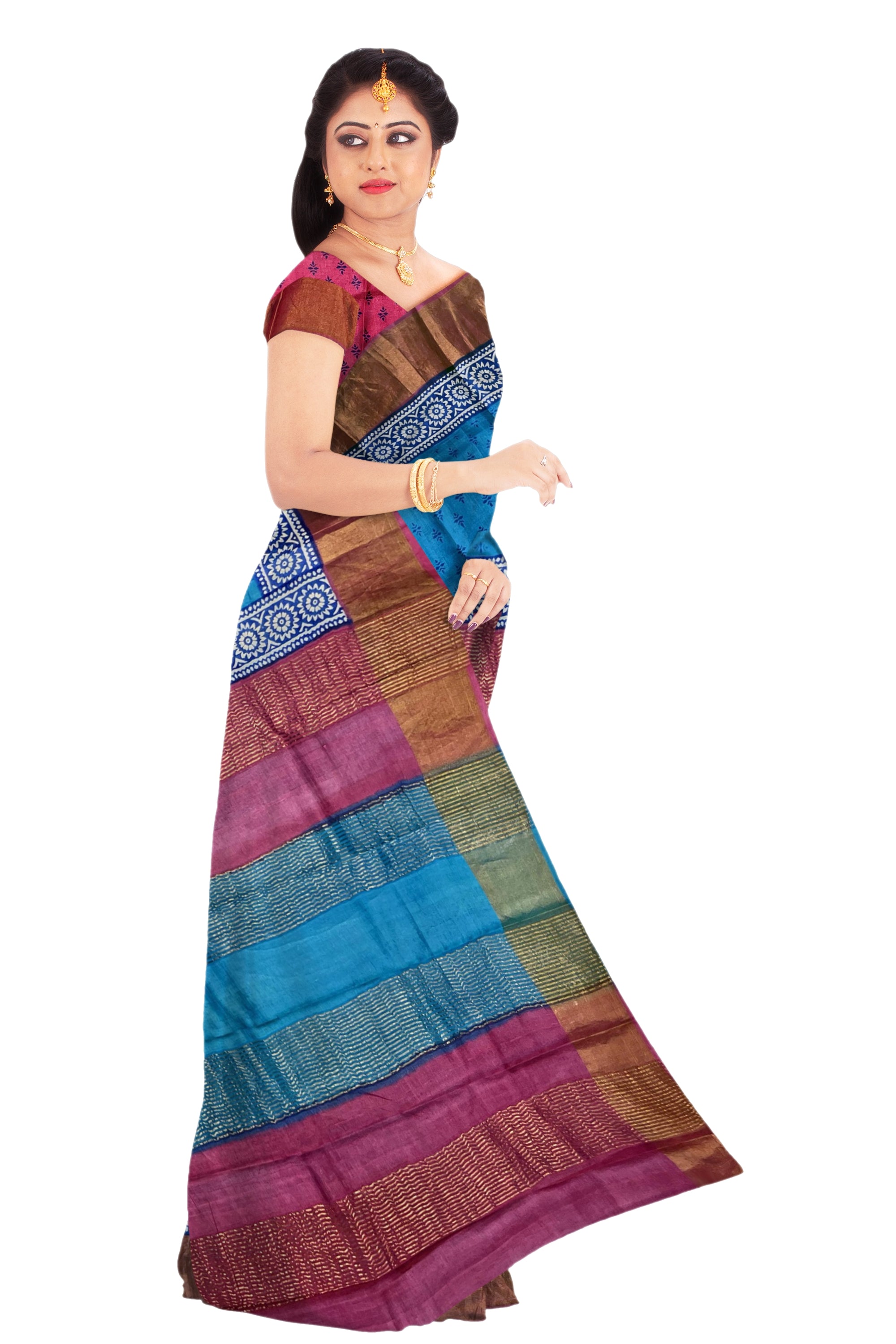 Blue Printed Bengal Tussar Saree - MIRASILKS Blue Printed Bengal Tussar Saree