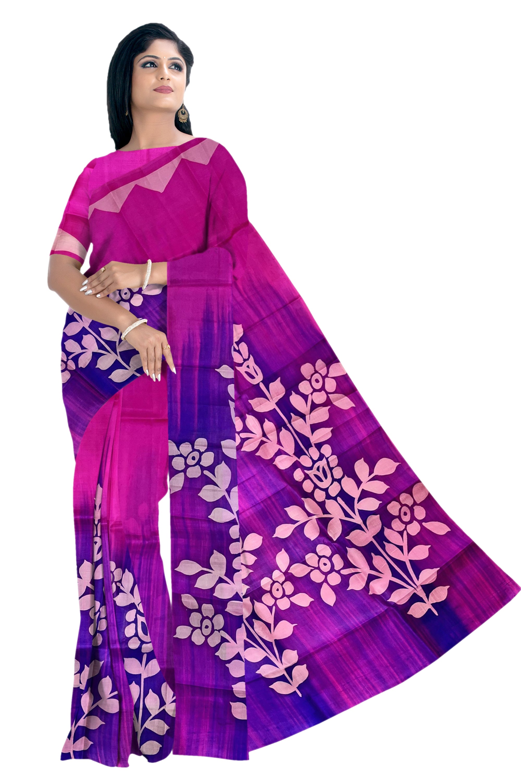 Magenta & purple Murshidabad silk Saree With Light Pink Floral Print - MIRASILKS Magenta & purple Murshidabad silk Saree With Light Pink Floral Print