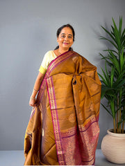 Medium Brown Kanjivaram Saree with Wine Border