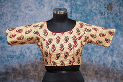 Cream Blouse with Red and Brown Printed Design