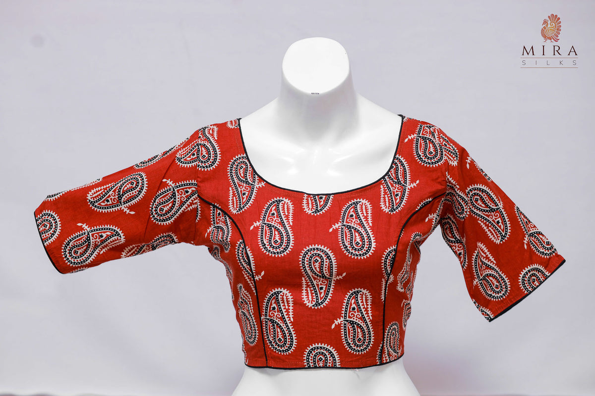 Red Blouse with Black and White Prints