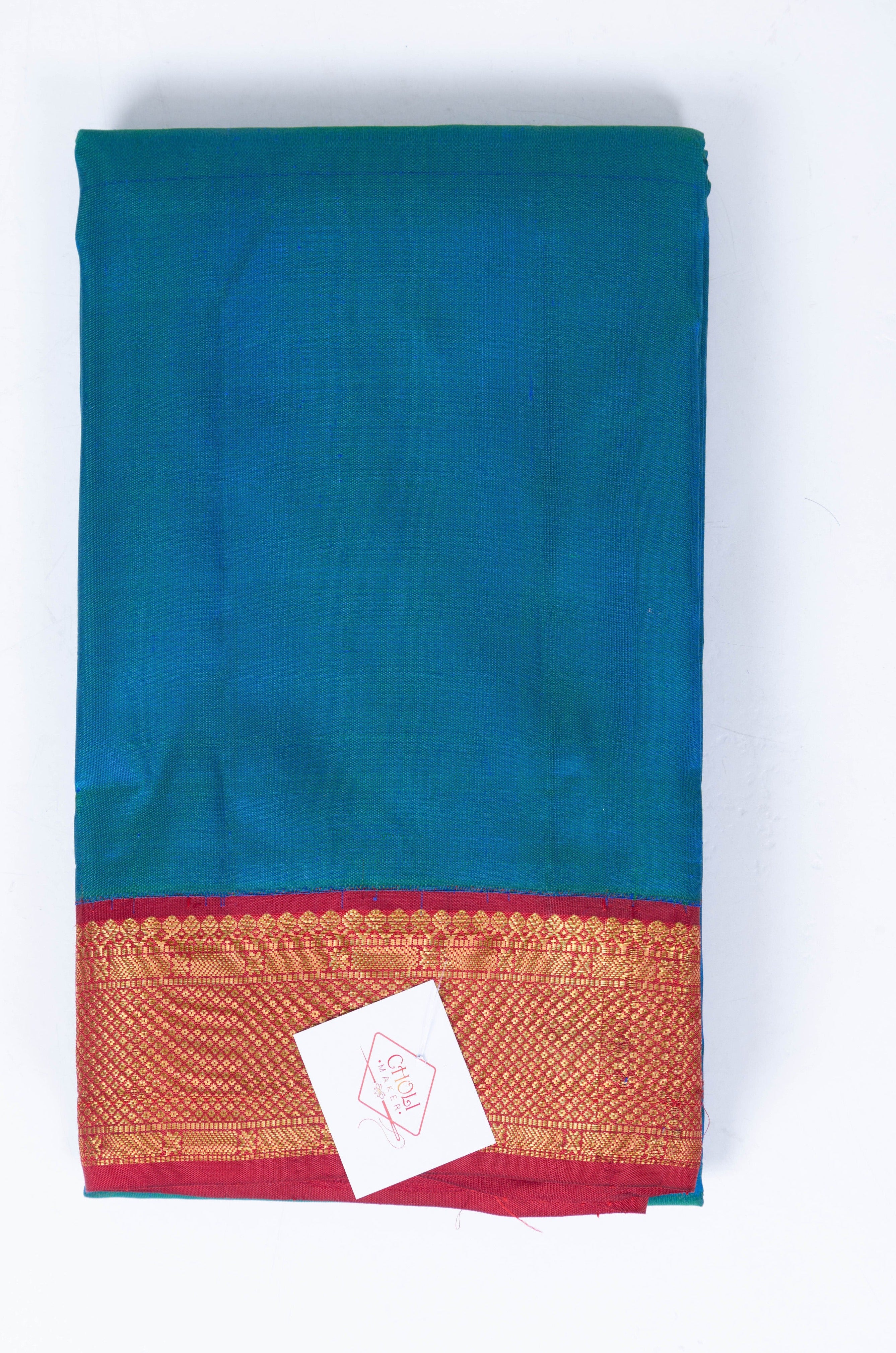 Peacock Blue Plain Kanjivaram Saree with Red Border