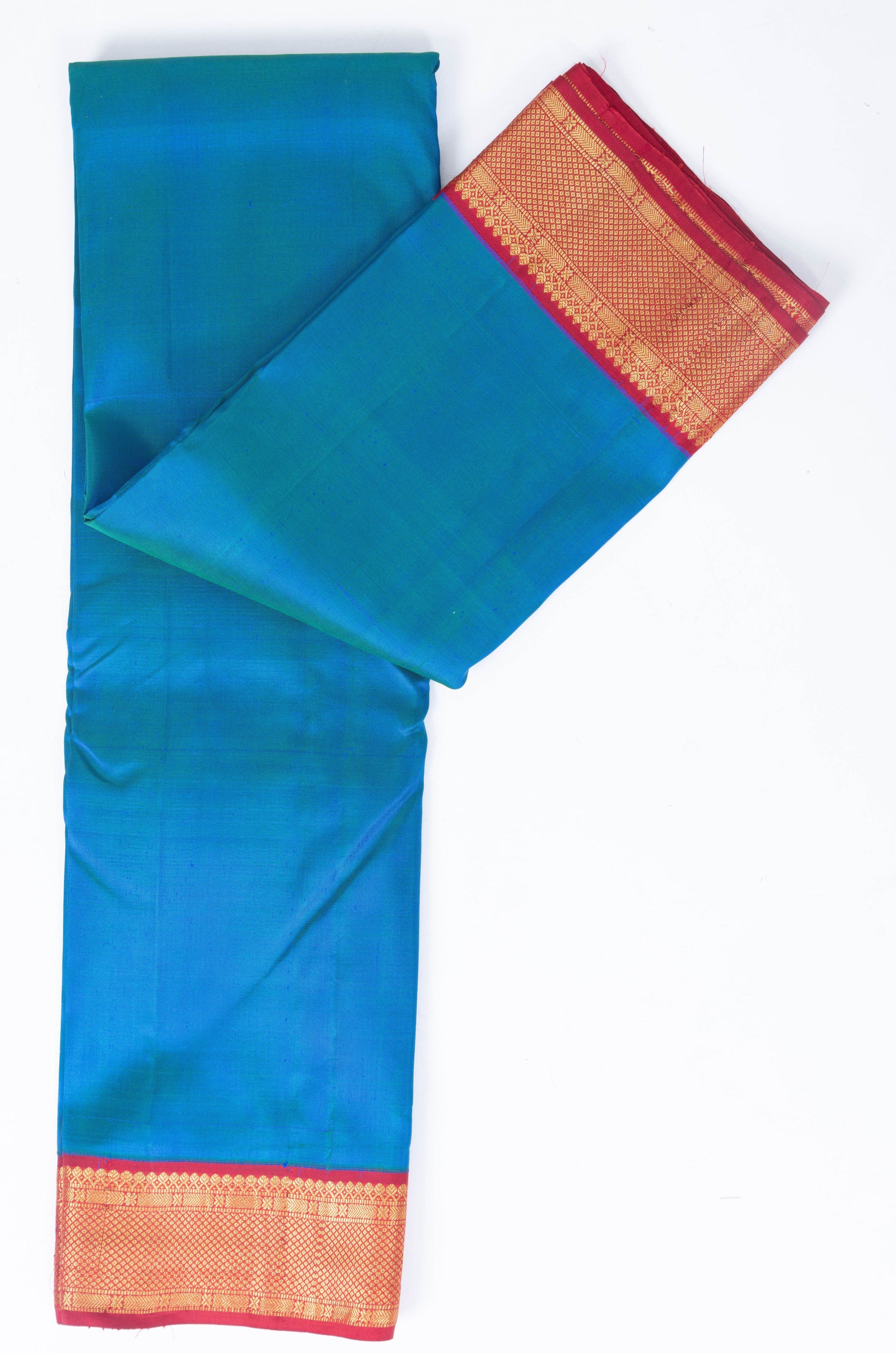 Peacock Blue Plain Kanjivaram Saree with Red Border