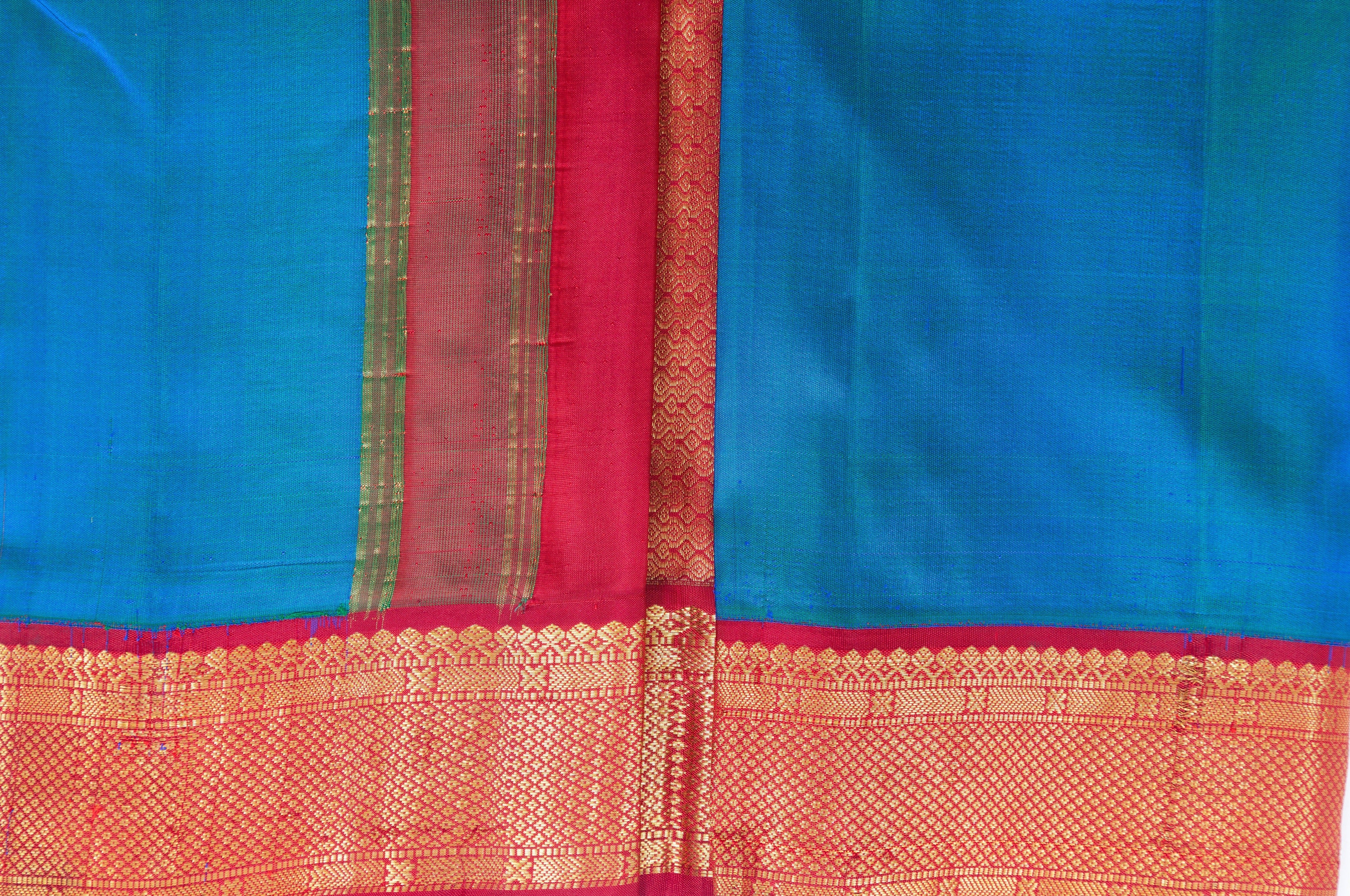 Peacock Blue Plain Kanjivaram Saree with Red Border