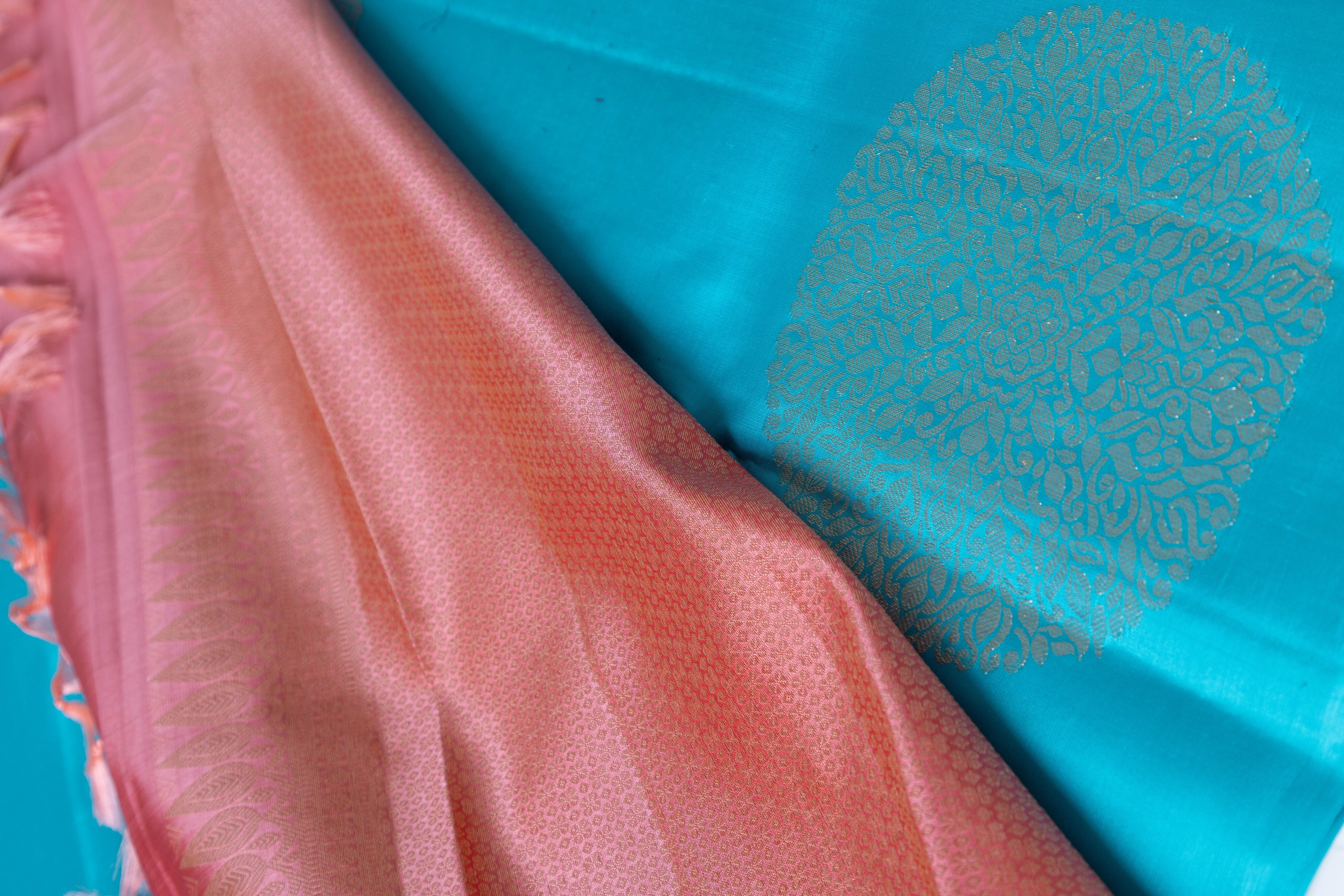 Turquoise Blue Kanjivaram Saree with Coral Pallu