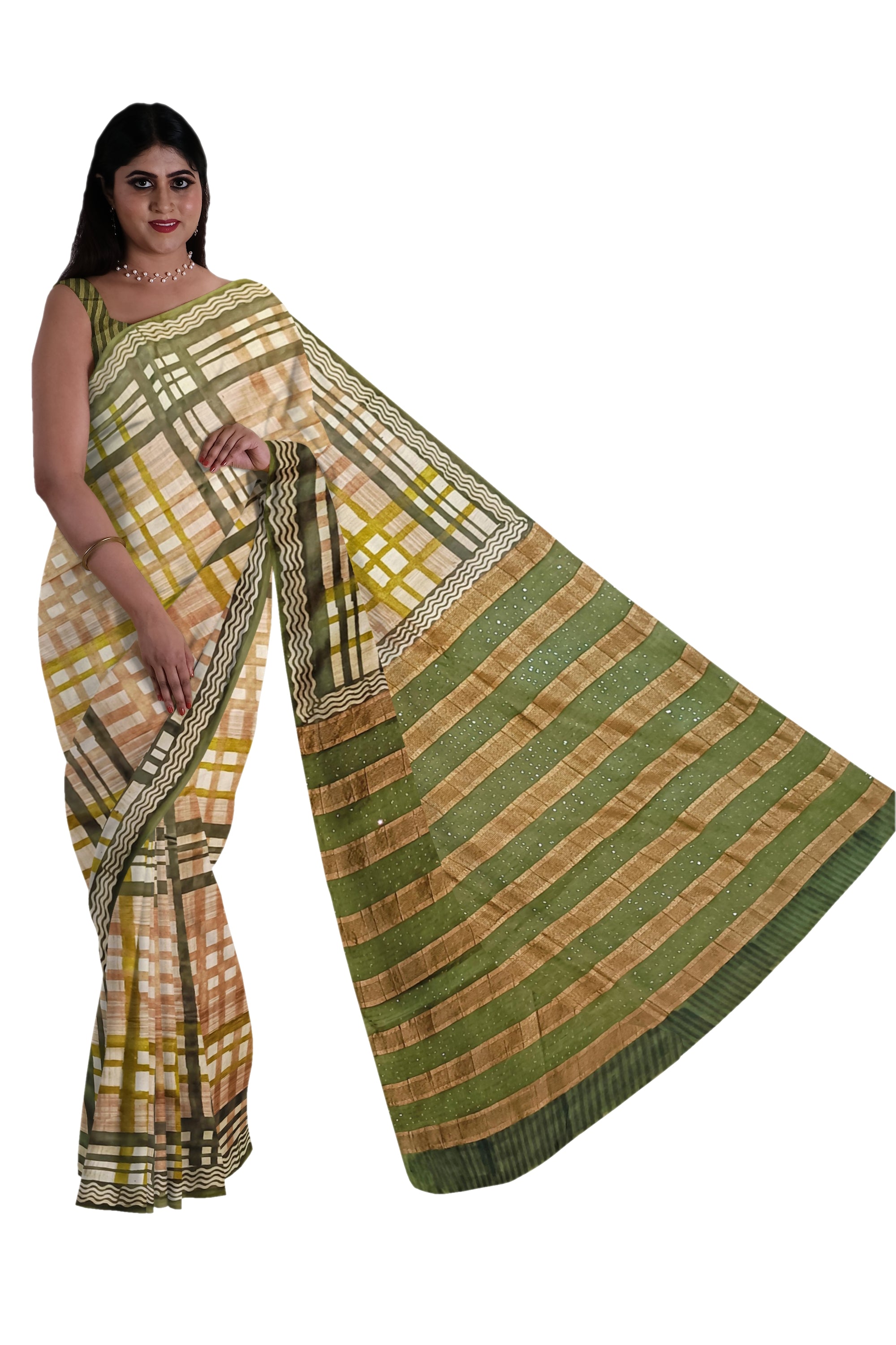 Olive Green Checkered Moonga silk Saree